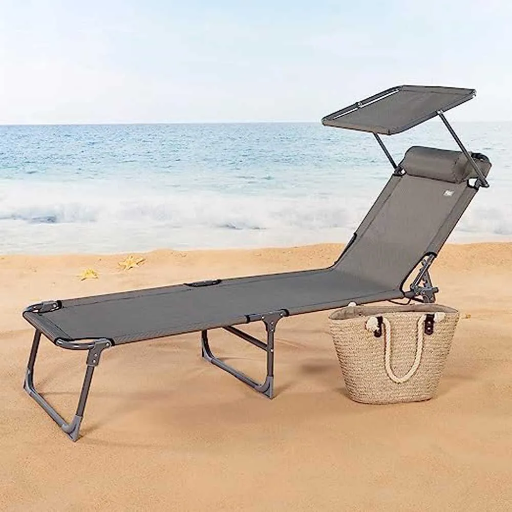 Aktive Hopfällbar Solstol Med Parasoll, Grey, 193 x 53 x 30cm