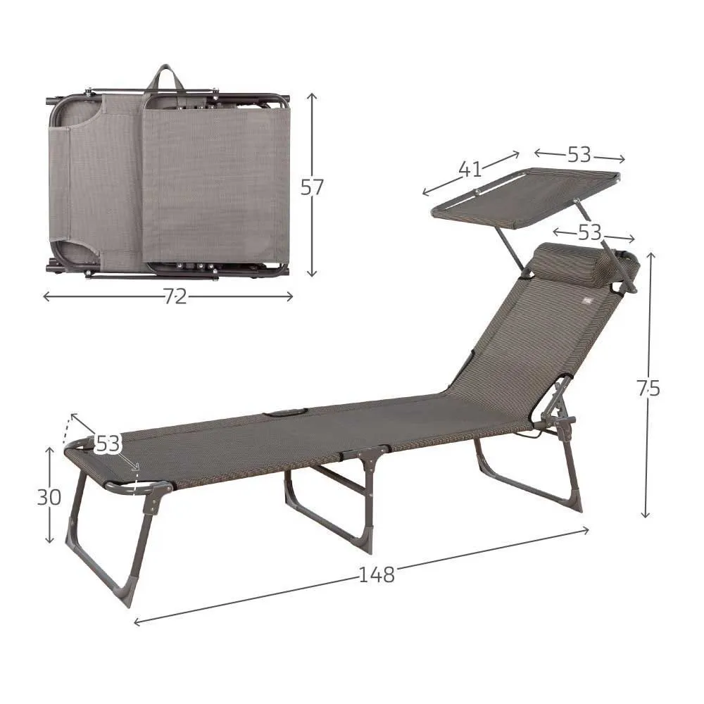 Aktive Hopfällbar Solstol Med Parasoll, Grey, 193 x 53 x 30cm