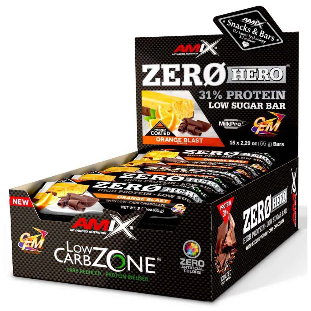 Amix Low Carb Zerohero Låda Med Proteinbars Apelsin 65g 15 Enheter, One size