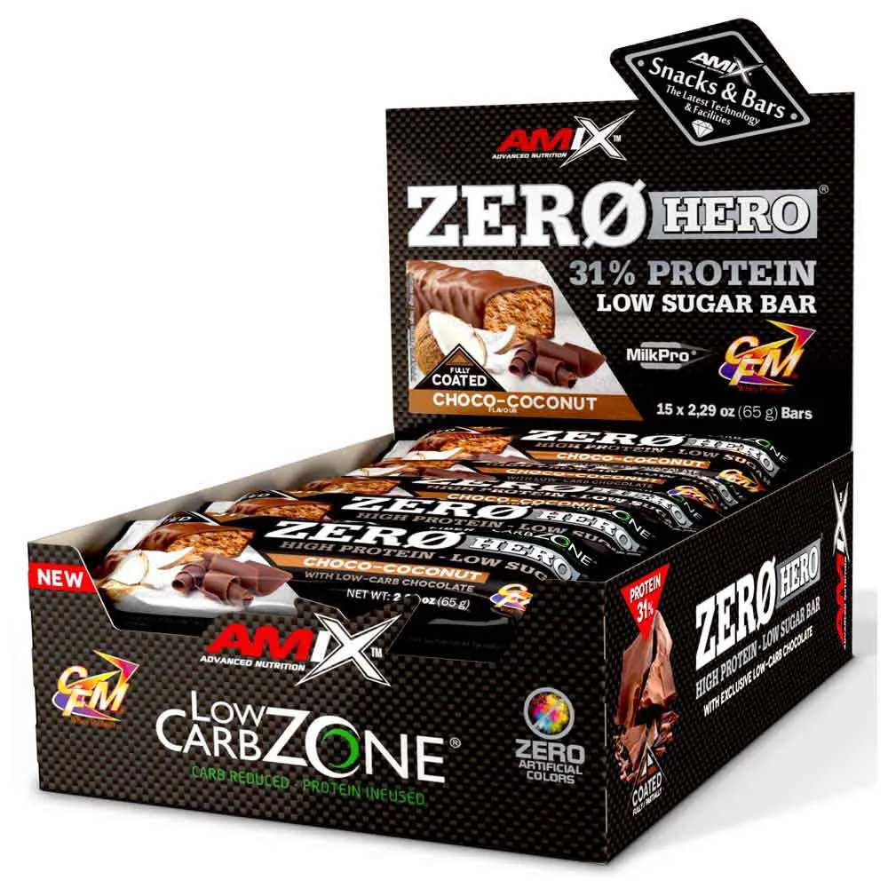 Amix Low Carb Zerohero Proteinbarslåda Choklad Och Kokos 65g 15 Enheter, One size