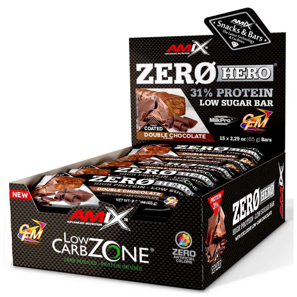 Amix Low Carb Zerohero Proteinbarslåda Dubbel Choklad 65g 15 Enheter, One size