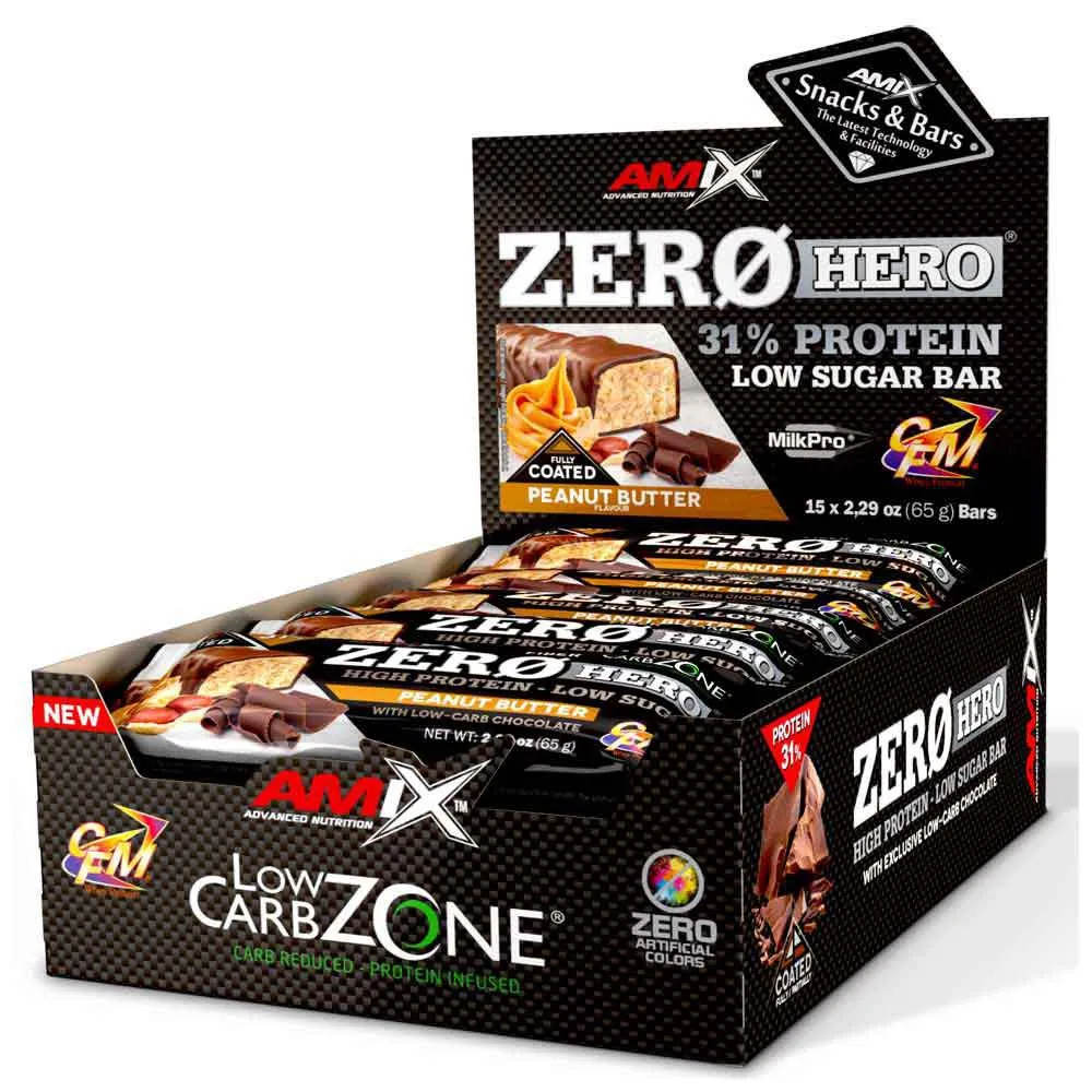 Amix Low Carb Zerohero Proteinbarslåda Jordnötssmör 65g 15 Enheter, One size