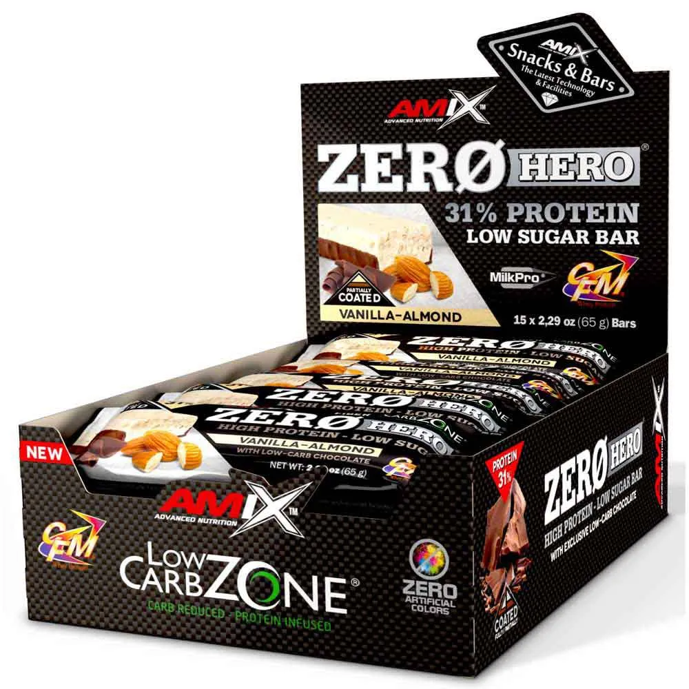 Amix Low Carb Zerohero Proteinbarslåda Vanilj Och Mandel 65g 15 Enheter, One size