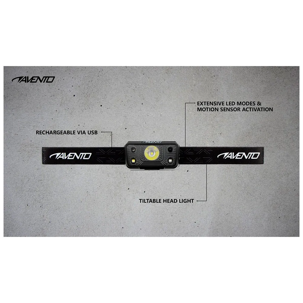 Avento Rörelsesensor Laddningsbar Pannlampa, Black / silver, 260 Lumens