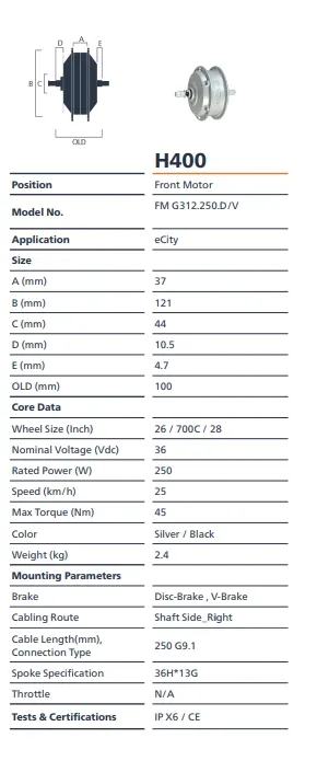 Bafang H400 250W Frammotor