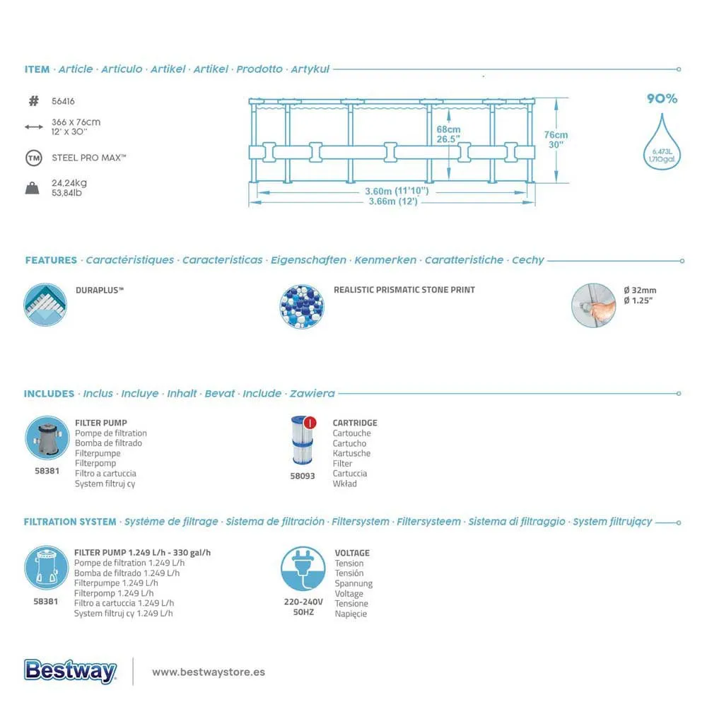 Bestway 56416 Steel Pro Max Ø366x76cm Rund Rörpool unisex, White / grey / blue, 6473L Bestway 56416 Steel Pro Max Ø366x76cm Rund Rörpool unisex, White / grey / blue, 6473L