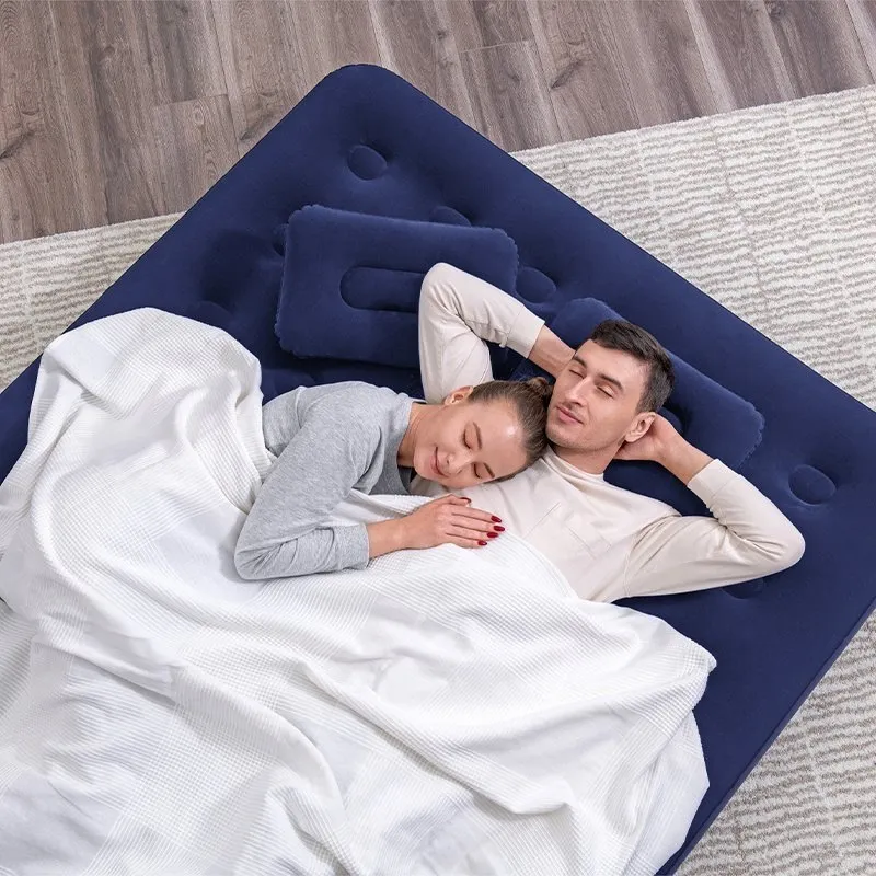 Bestway 67374 Queen Easy Inflate Flocked Airbed 203x152x22 Cm Dubbel Luftmadrass Med Inbyggd Pump, Navy, 203 x 152 x 22cm