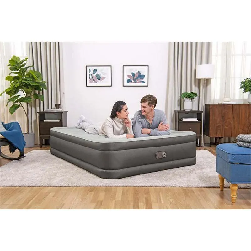 Bestway Fortech Tough Guard Twin Wave-beam Reinforced Dubbel Luftmadrass Med Inbyggd Pump, Beige, 203 x 152 x 46cm