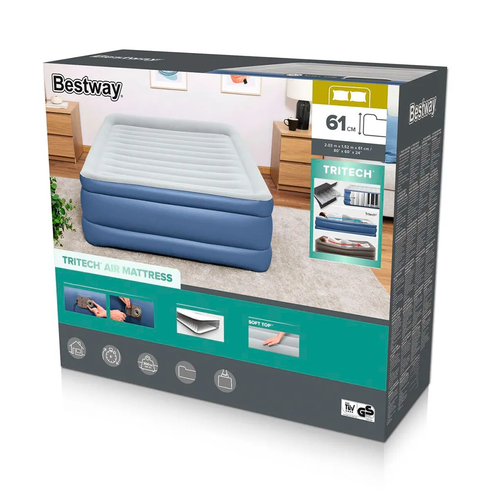 Bestway Tritech Queen Built-in Ac Pump Dubbel Luftmadrass, Blue / grey, 203 x 152 x 61cm