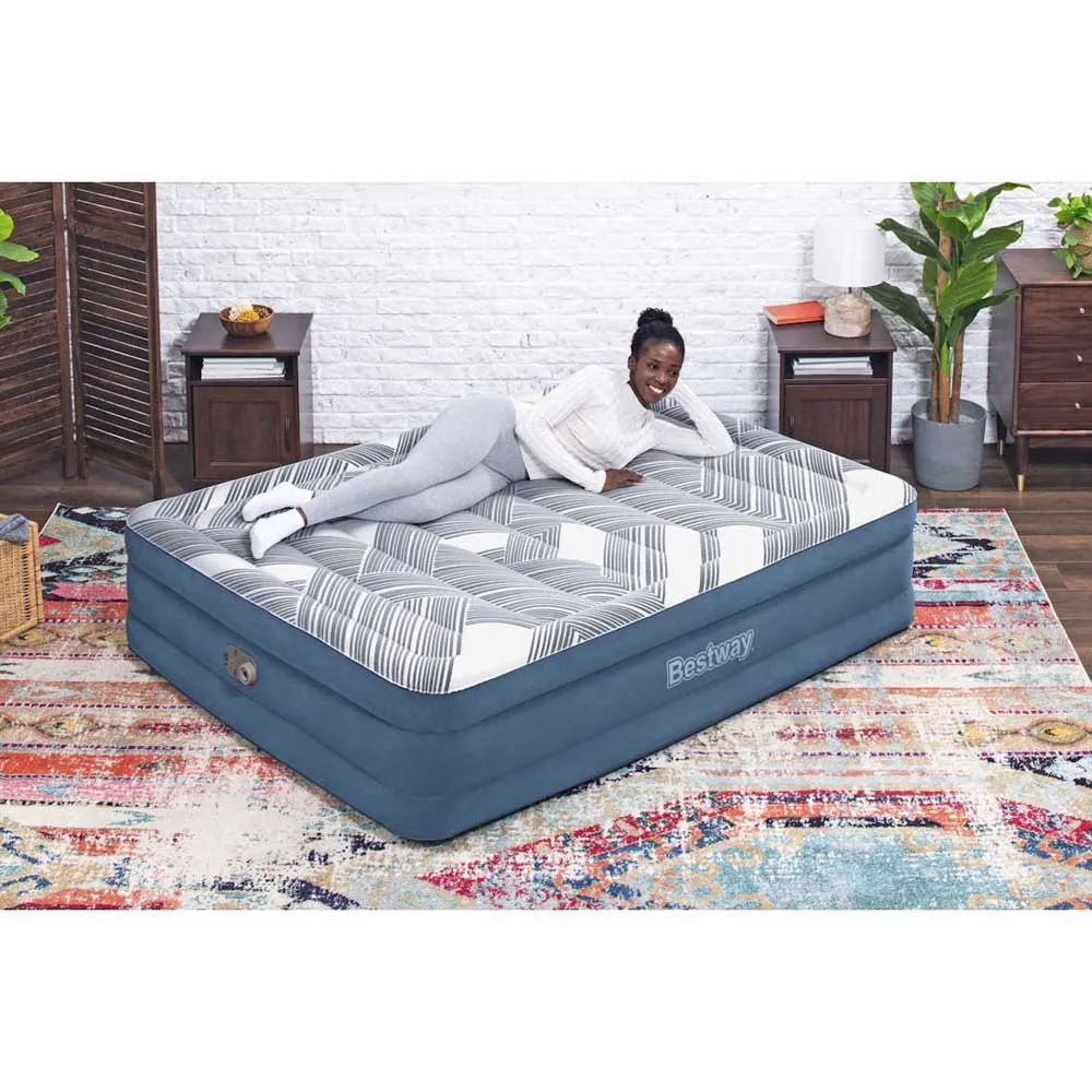 Bestway Tritech Queen Reinforced I-beam Dubbelsäng Med Inbyggd Pump, Blue / grey, 203 x 152 x 46cm