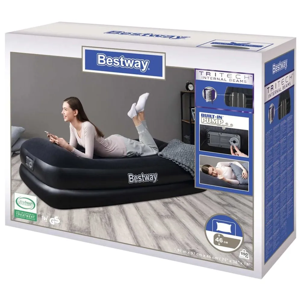 Bestway Uppblåsbar Flockad Luftmadrass Med Inbyggd Elektrisk Luftpump, Black, One Size Bestway Uppblåsbar Flockad Luftmadrass Med Inbyggd Elektrisk Luftpump, Black, One Size