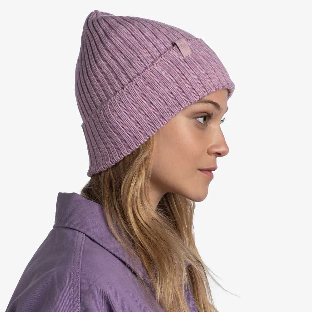 Buff Merino Wool Knit Mössa, Norval pansy