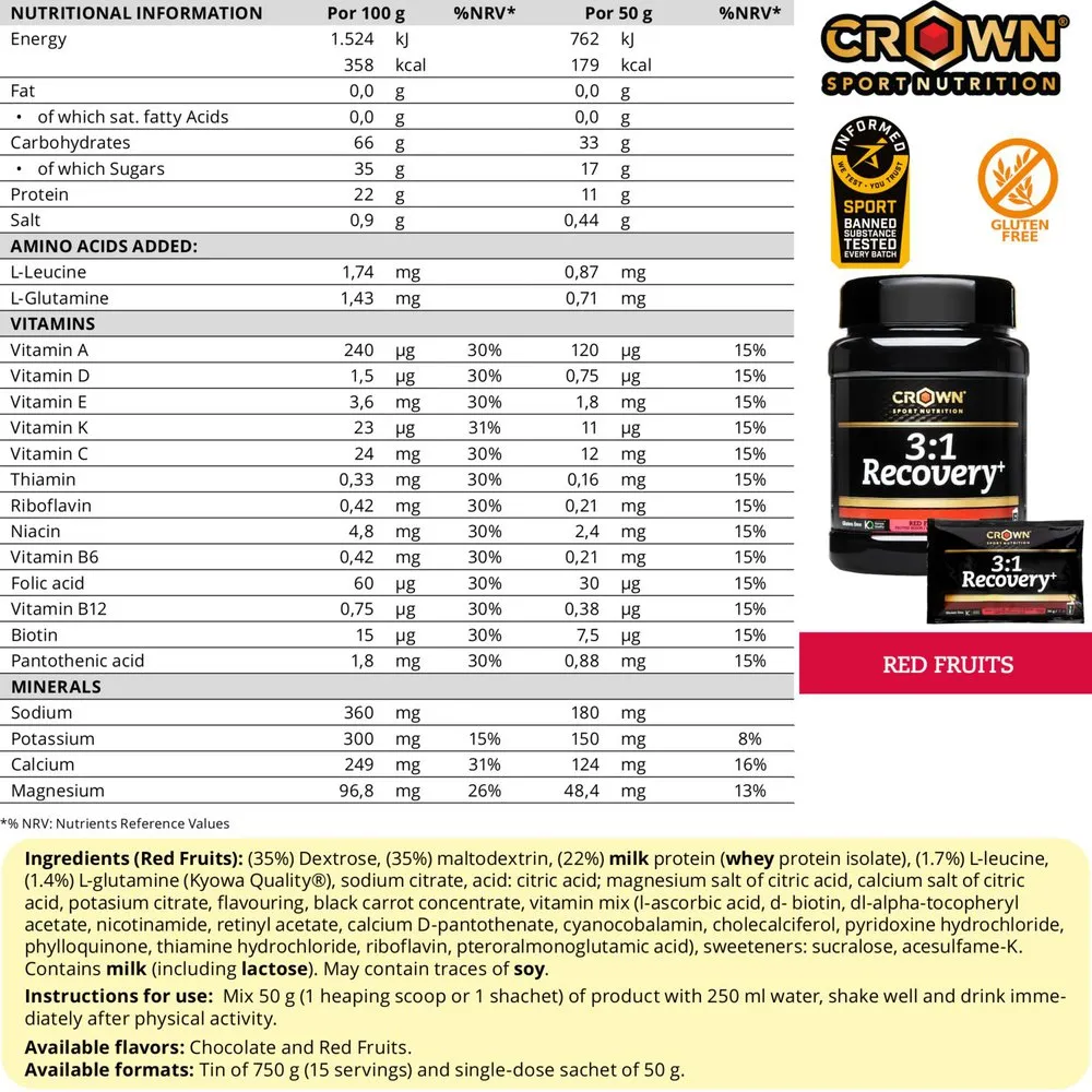 Crown Sport Nutrition 3:1 Recovery+ Återhämtningsdos I Ask Bär 50g 10 Enheter, Black, One Size