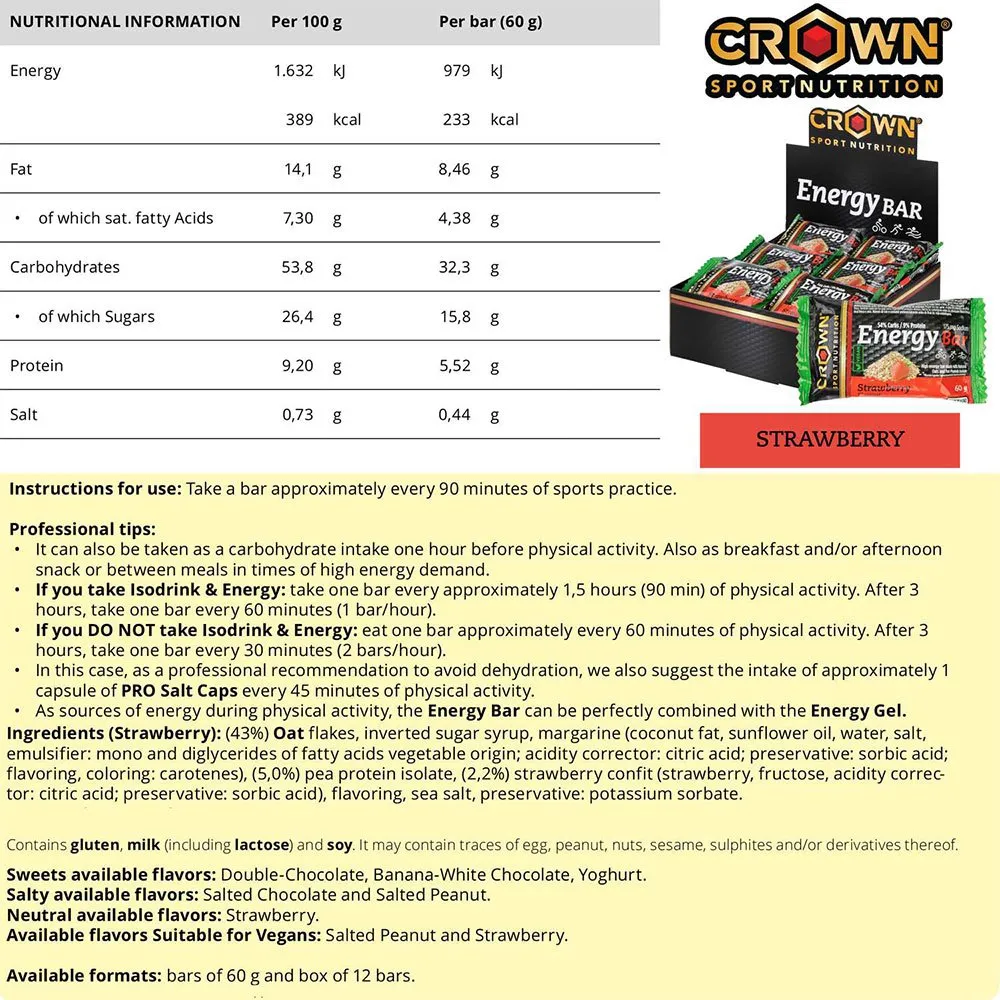 Crown Sport Nutrition Energibar Låda Jordgubbe 60g 12 Enheter, Black / red / green, One Size