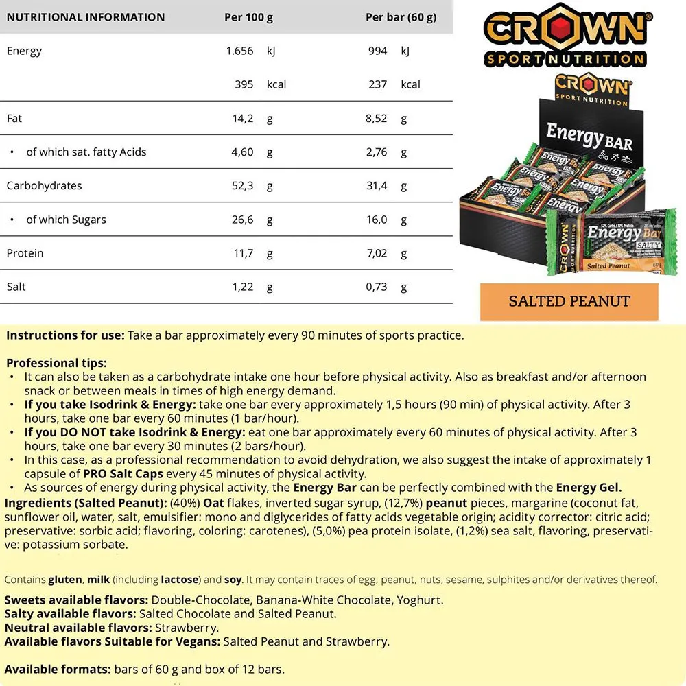 Crown Sport Nutrition Energibar Låda Saltad Jordnöt 60g 12 Enheter, Black / brown / green, One Size