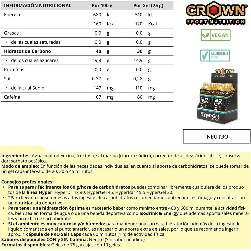 Crown Sport Nutrition Hyper 30 Hydro Neutral Låda Med Energigeler 75g 10 Enheter