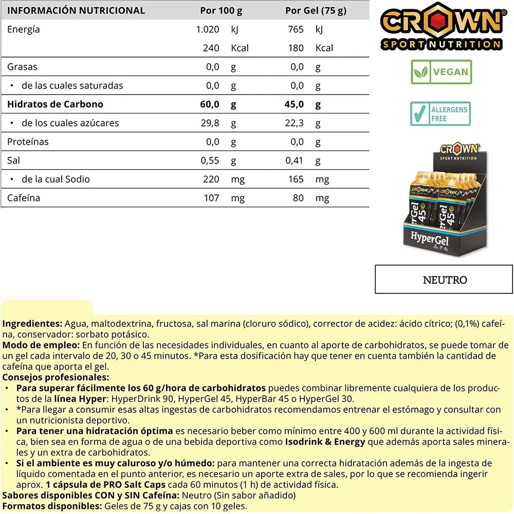 Crown Sport Nutrition Hyper 45 Neutral Låda Med Energigeler 75g 10 Enheter