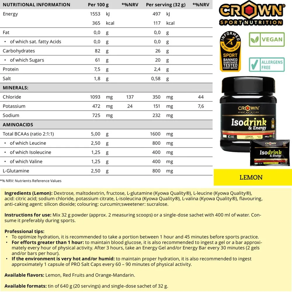 Crown Sport Nutrition Isodrink Isotonisk Endosförpackning Citron 32g 12 Enheter, Black, One Size