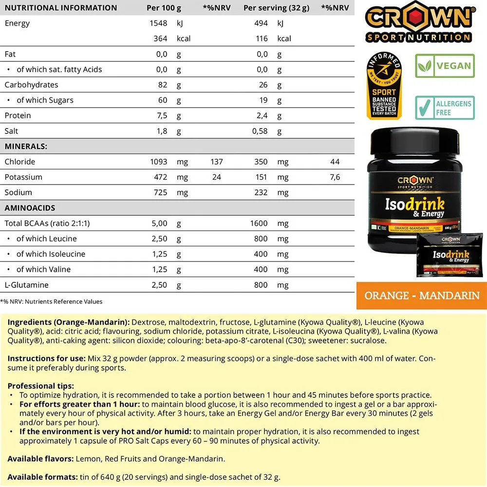 Crown Sport Nutrition Isotonic Drink Powder Energi Apelsin 640g, Black, One Size