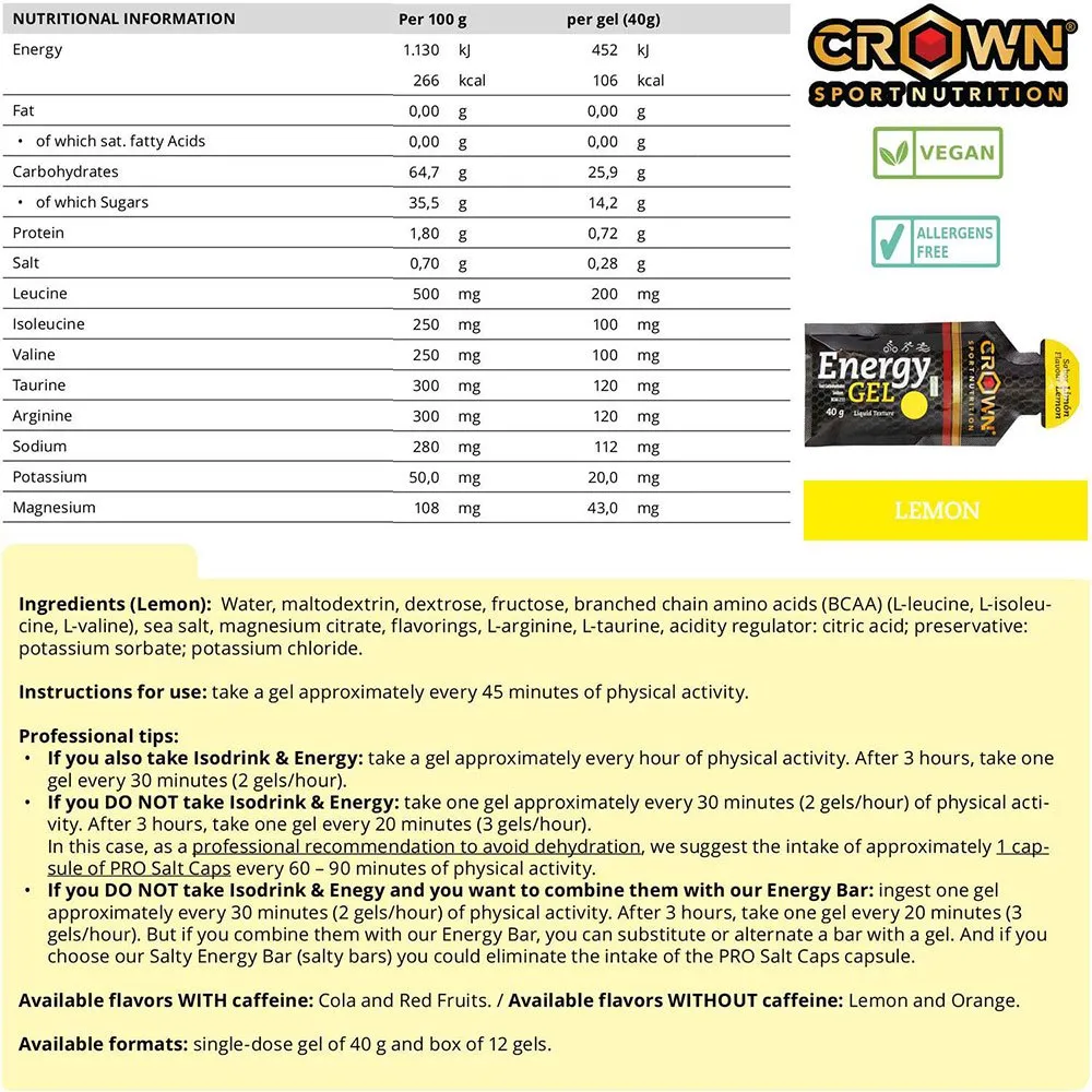 Crown Sport Nutrition Låda Med Energigeler Citron 40g 12 Enheter, Black / yellow, One Size