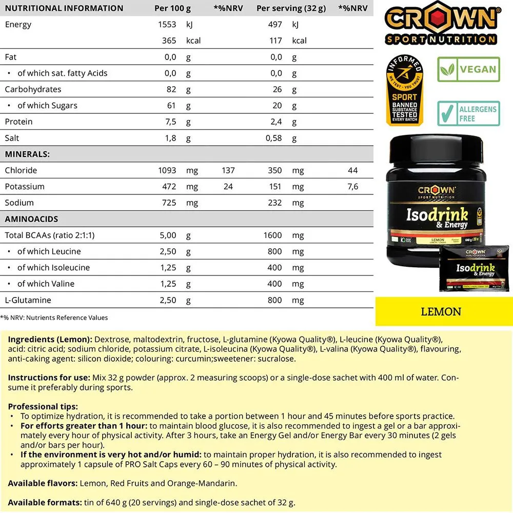 Crown Sport Nutrition Pulver För Isotonisk Dryck Citron 640g, Black, One Size