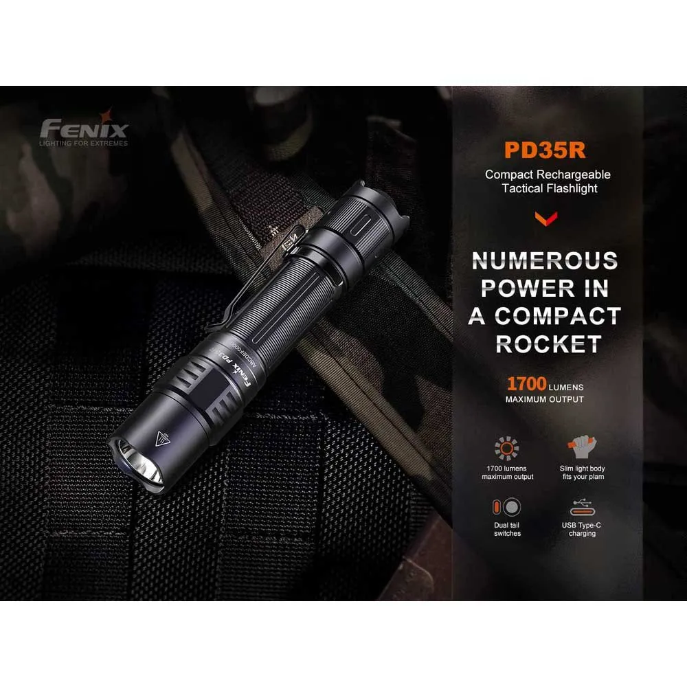 Fenix Pd35r Tactic Ficklampa, Black, 1700 Lumens