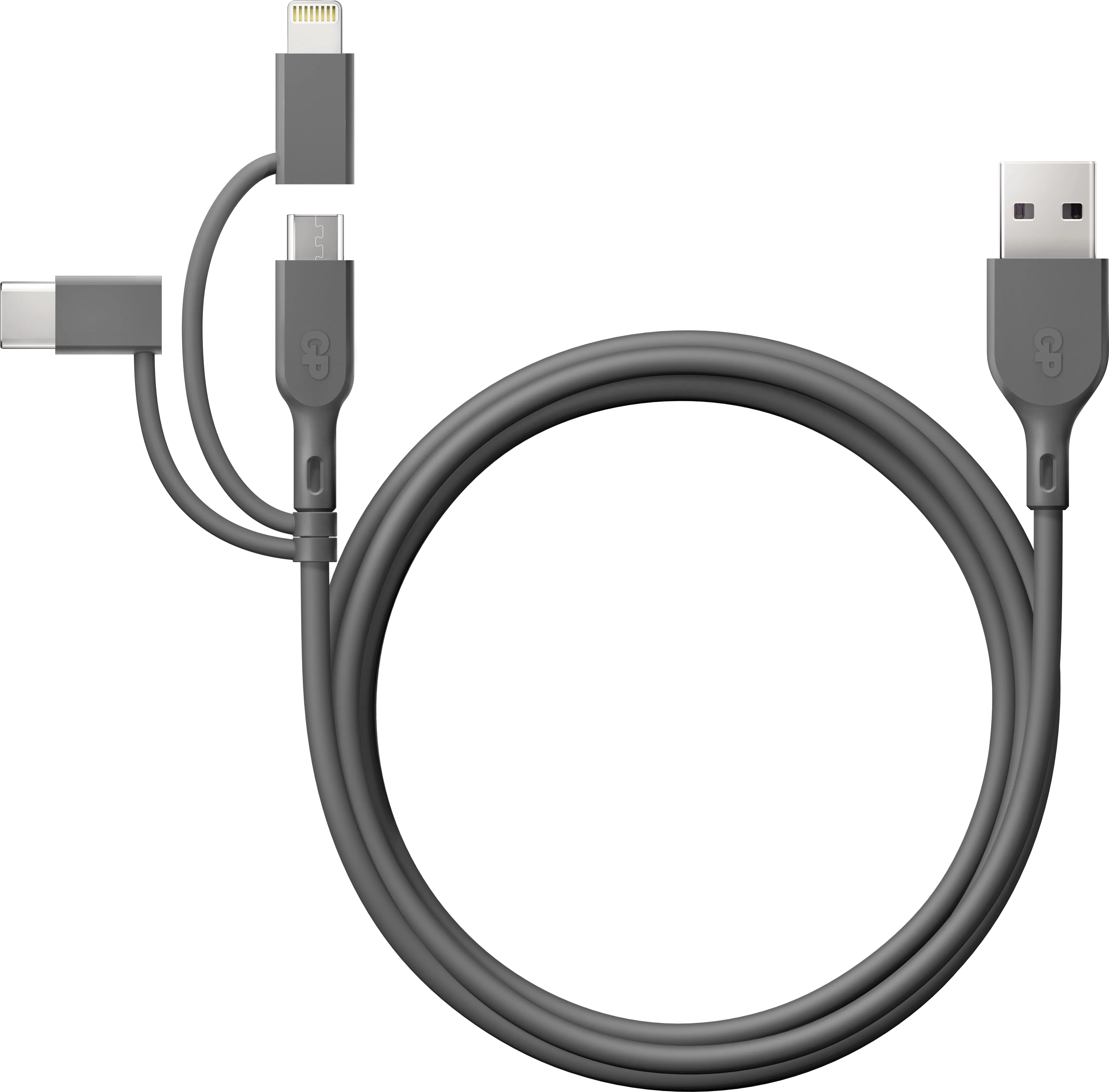 GP Essential Cable 3-in-1 USB-A To MicroUSB +USB-C + Lightning, Grey, One Size