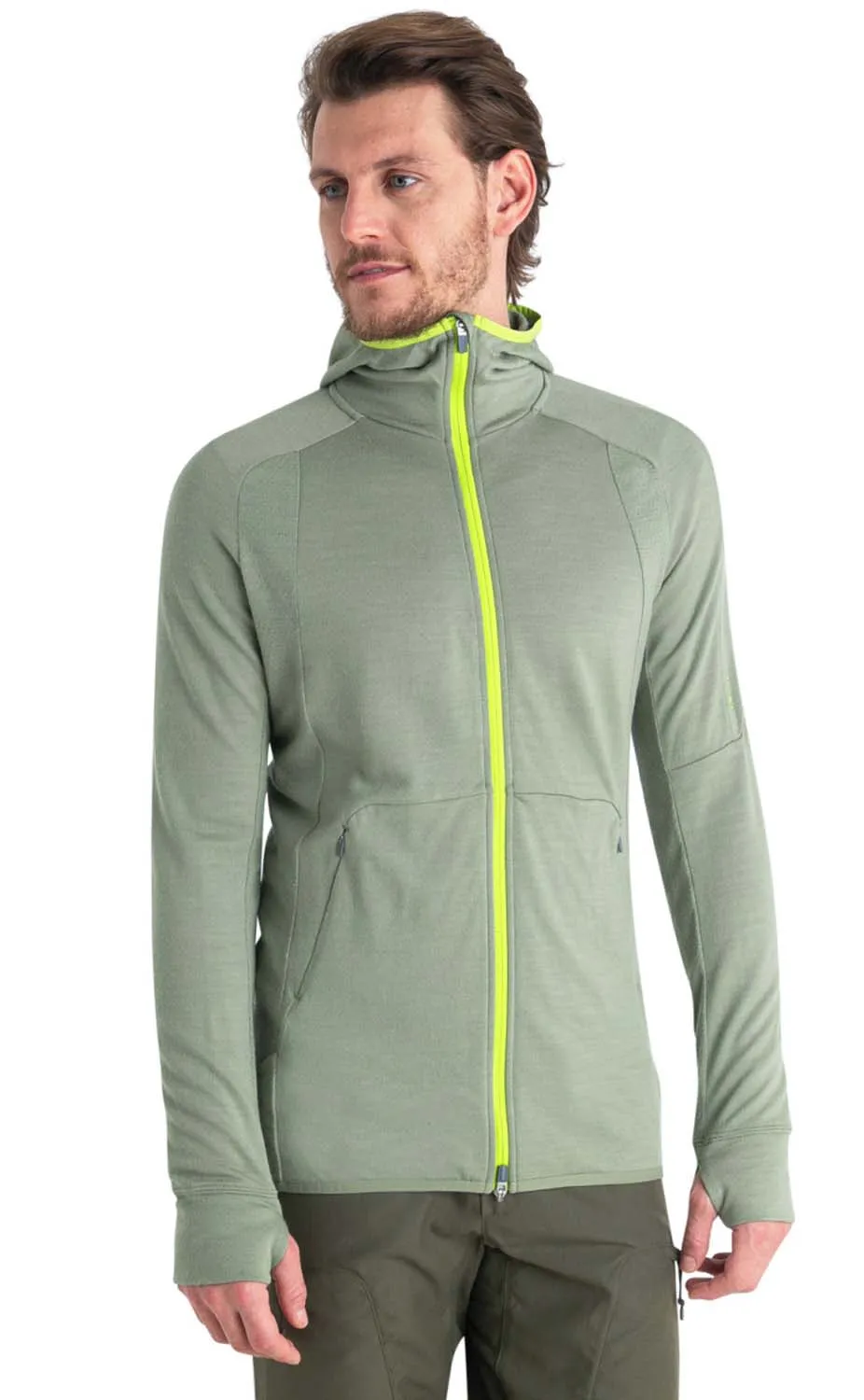 Icebreaker Men's Zoneknit Long Sleeve Zip Hoodie, Lichen/Hyper Icebreaker Men's Zoneknit Long Sleeve Zip Hoodie, Lichen/Hyper