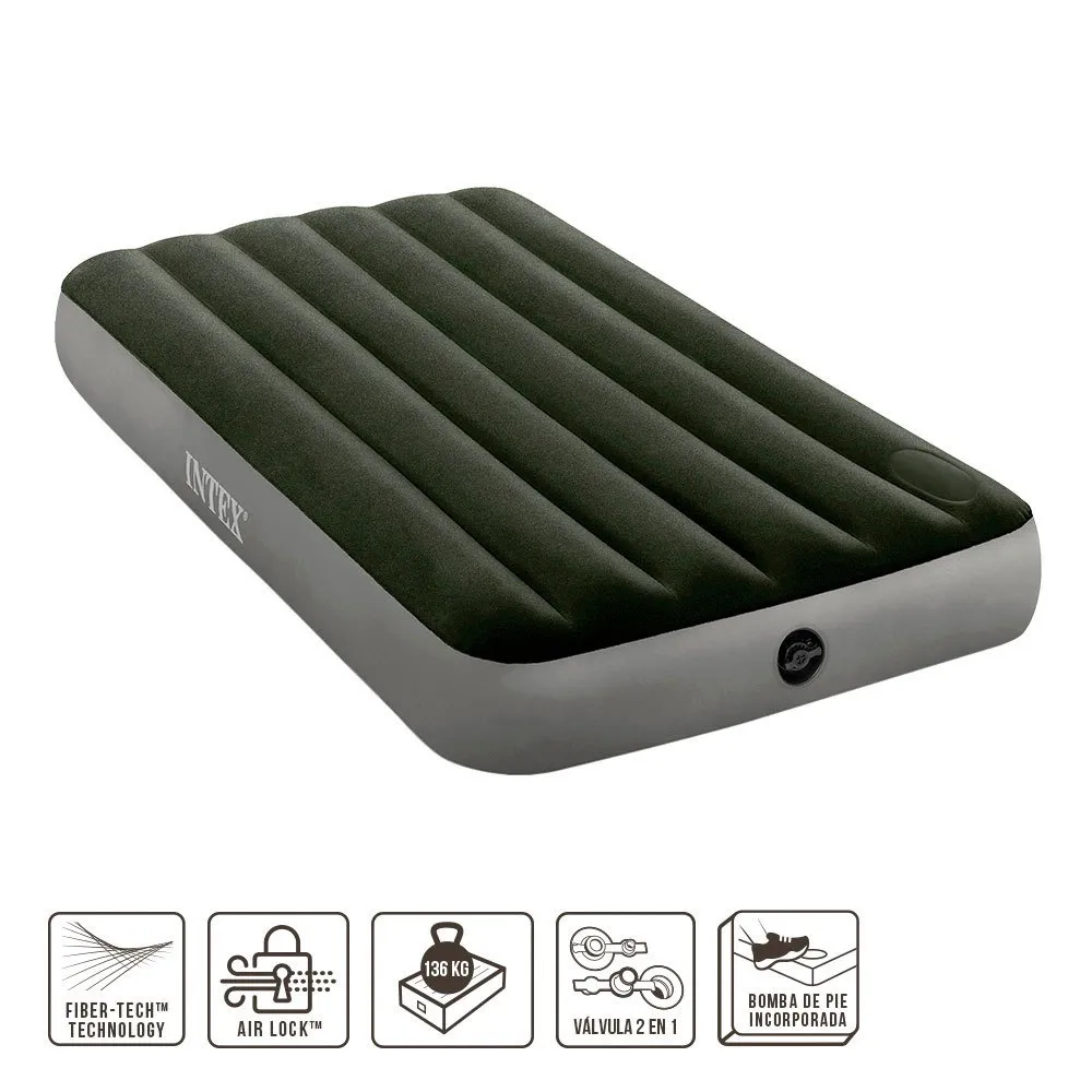 Intex Downy Fiber-tech Enkel Med Fotpump Madrass, Green / grey, 99 x 191 x 25cm Intex Downy Fiber-tech Enkel Med Fotpump Madrass, Green / grey, 99 x 191 x 25cm