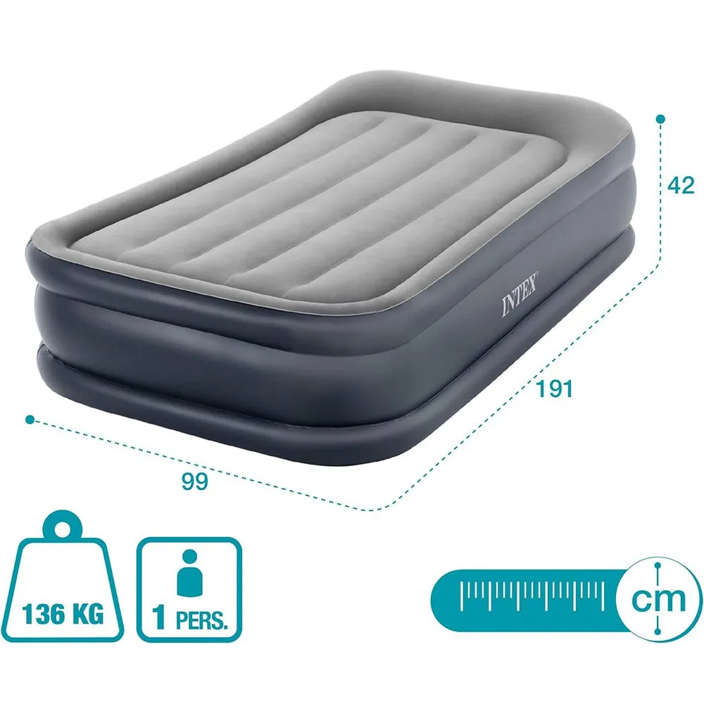 Intex Dura-beam Basic Deluxe Twin Enkel Luftmadrass, Grey, 99 x 191 x 42cm