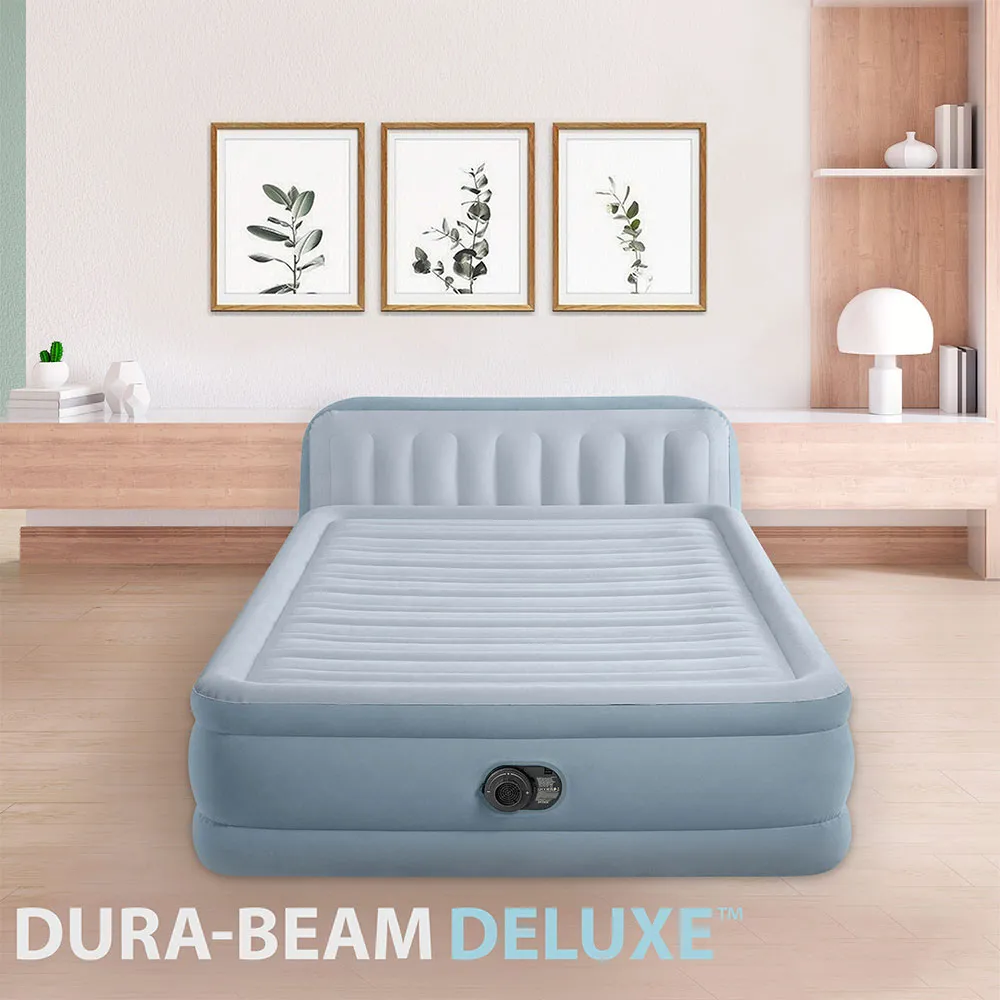 Intex Dura-beam Deluxe Plush Queen Size With Headboard Dubbel Luftmadrass, Grey, 152 x 236 x 86cm