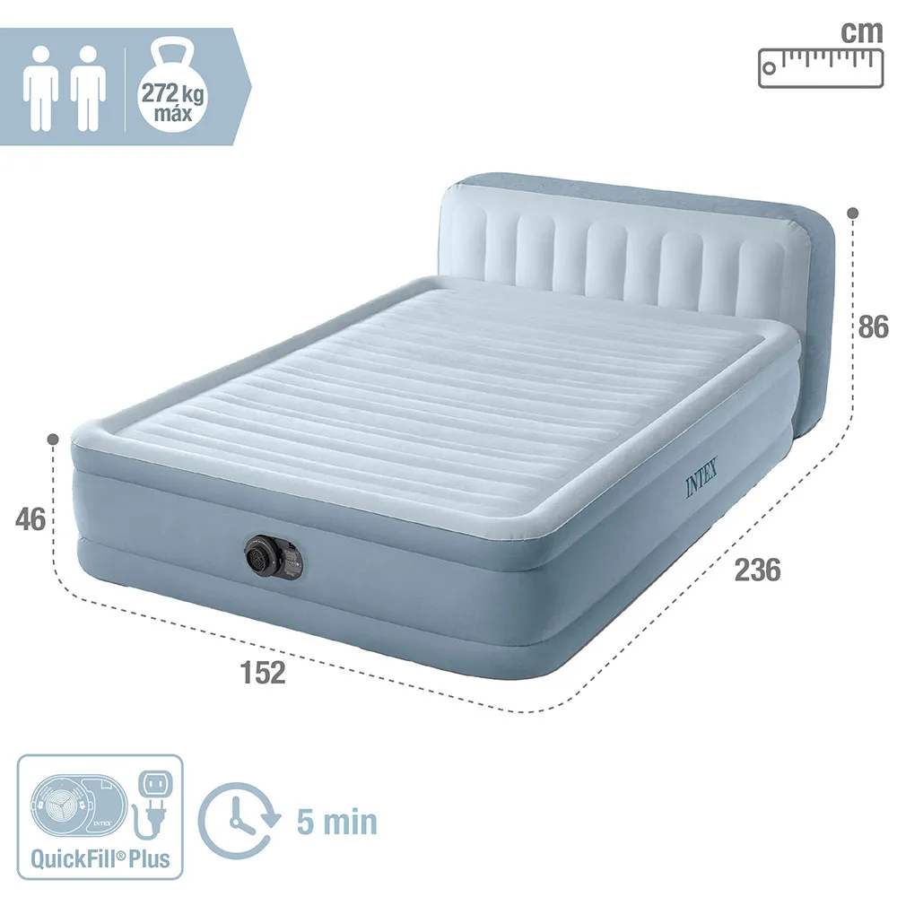 Intex Dura-beam Deluxe Plush Queen Size With Headboard Dubbel Luftmadrass, Grey, 152 x 236 x 86cm