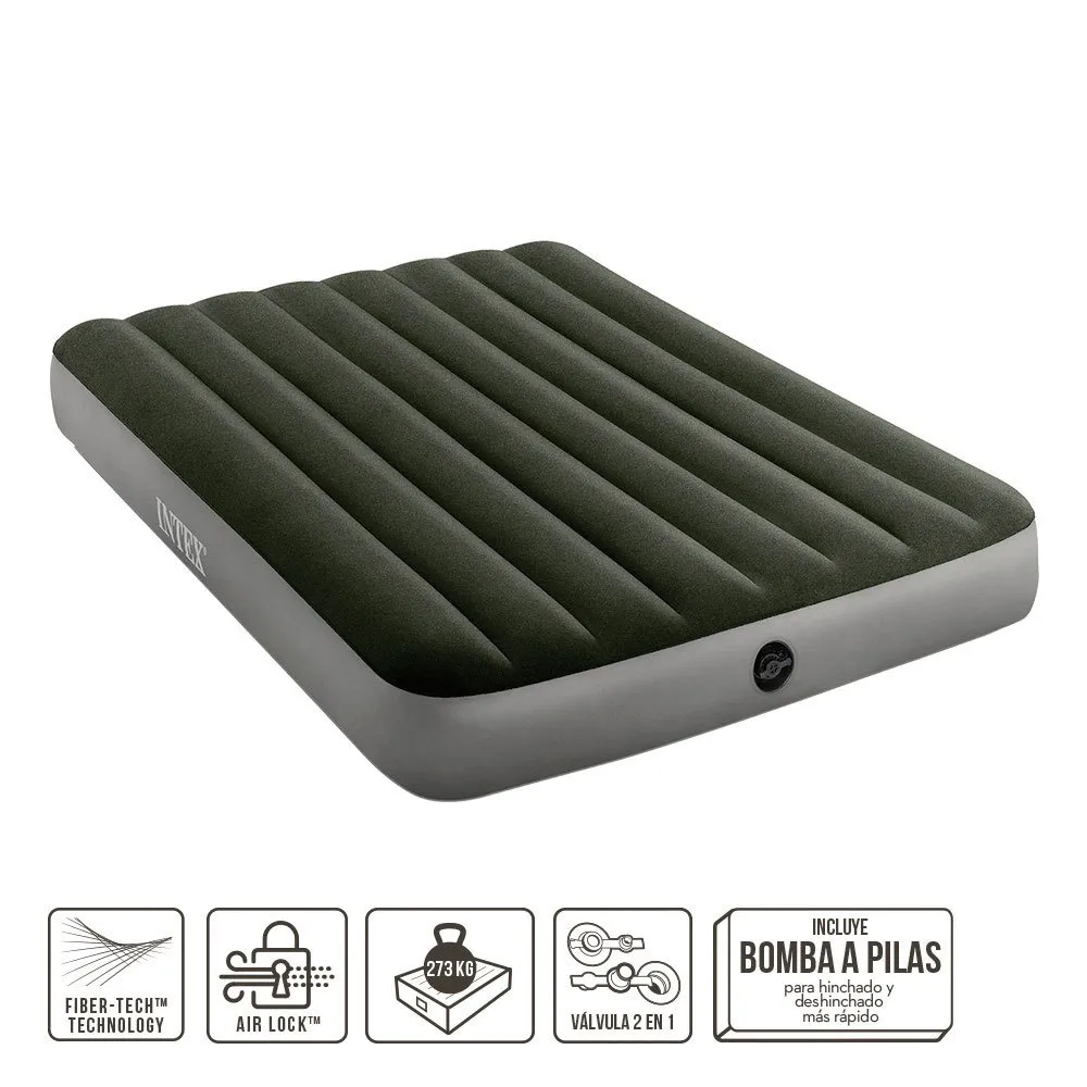Intex Prestige Downy Dubbelsäng Med Pump Och Fiber-tech-madrass, Green / grey, 137 x 191 x 25cm