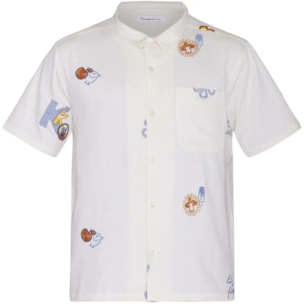 Knowledge Cotton Apparel Men's Box Fit Short Sleeve Shirt With Embroidery, Egret