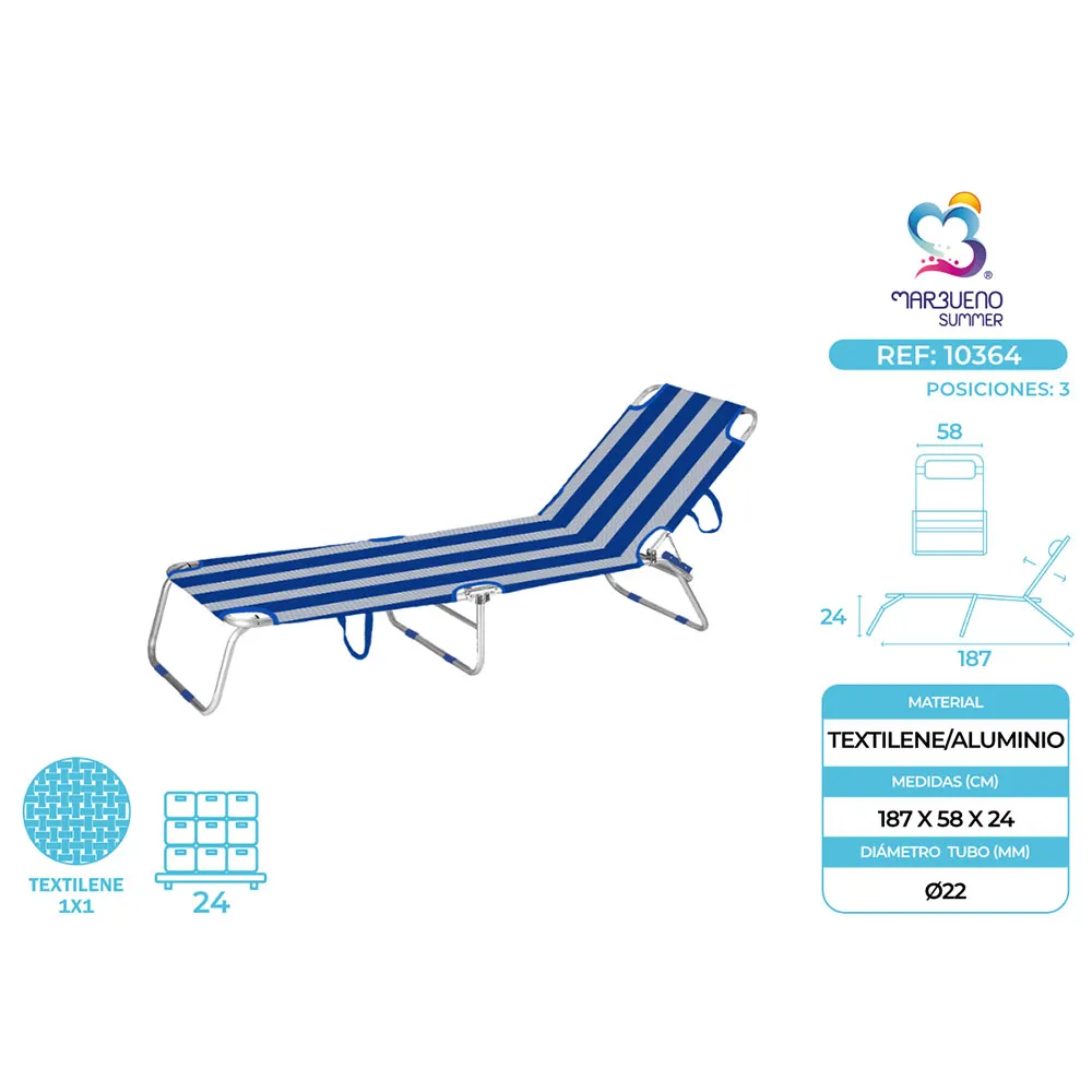 Marbueno Summer 10364 187x58x24 Cm Fällbar Solstol unisex, Blue / white, 187 x 58 x 24cm