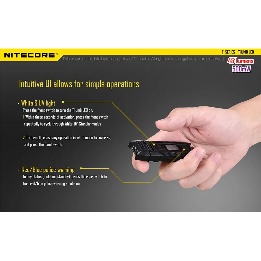 Nitecore Thumb Leo Ficklampa, Black, 45 Lumens