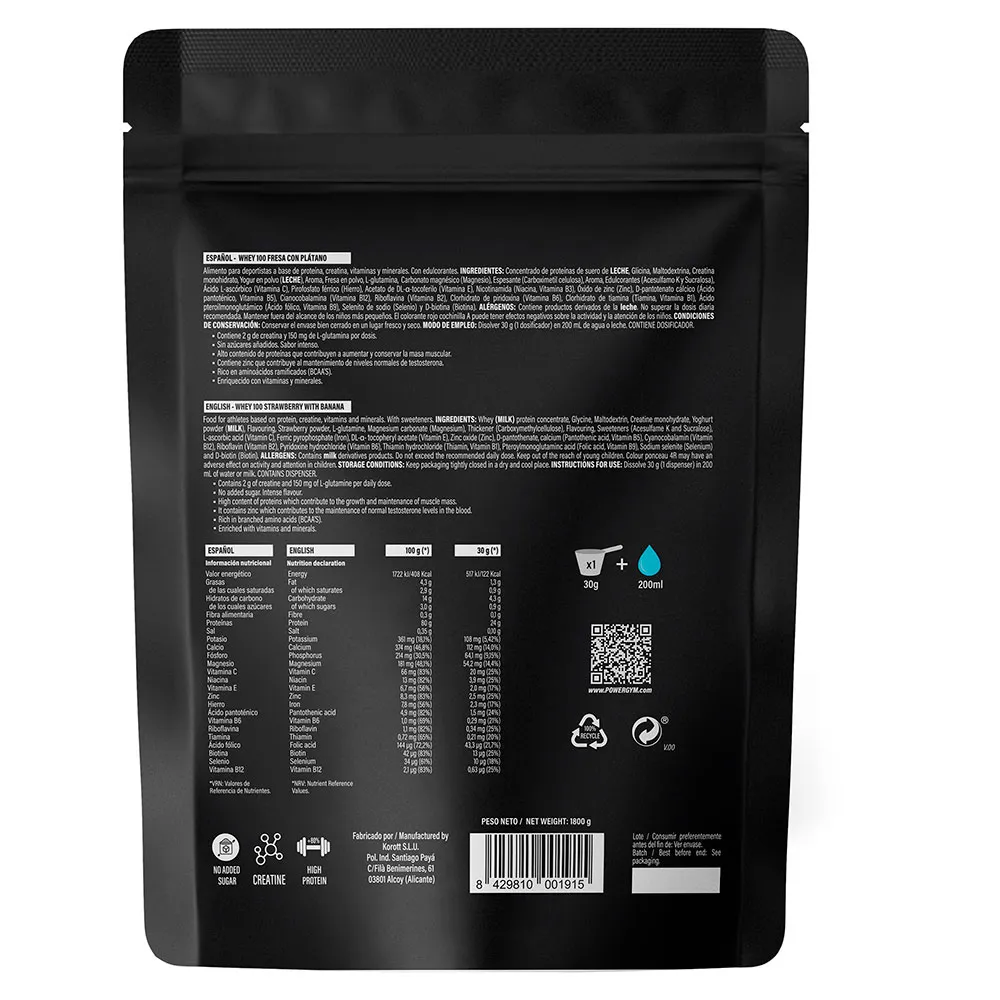 Powergym 100 Vassleprotein Banan Och Jordgubbe 1800g, One size
