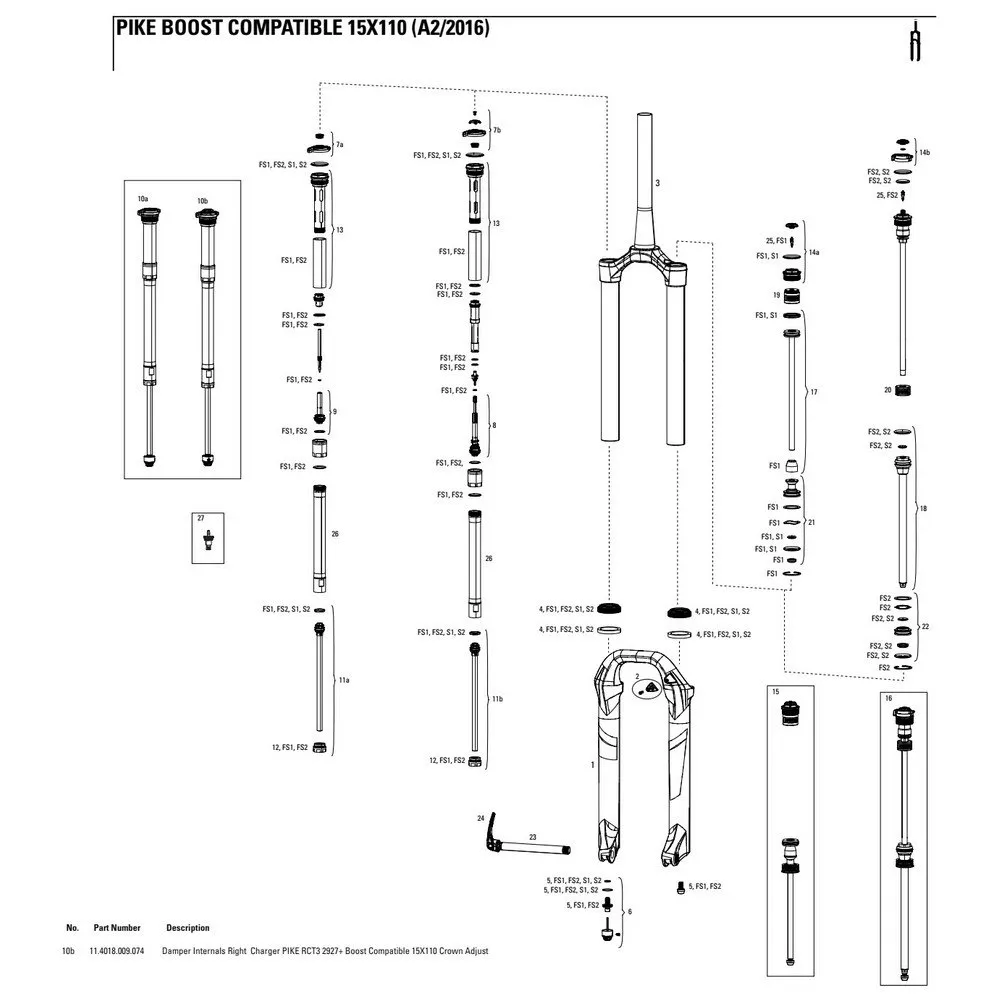 Rock Shox Pike Rct3 Boost Damper Internals Right Charger Gaffel Sänks, Black / silver, One Size