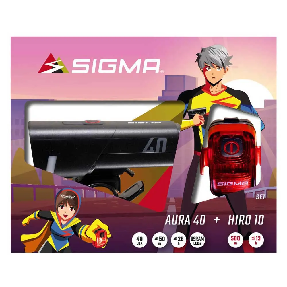 SIGMA SPORT Aura 40/hiro 10 Ride Safe To School Cykellampset, Black / red, One Size
