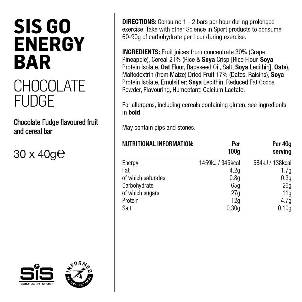SiS Go Energibar Låda Chokladfudge 40g 30 Enheter, Multicolor, One Size