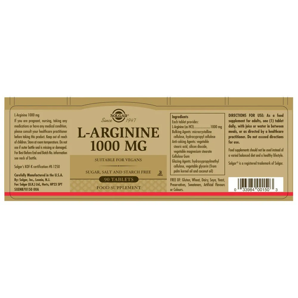 Solgar 1000mg Arginin 90 Enheter, Brown, One Size