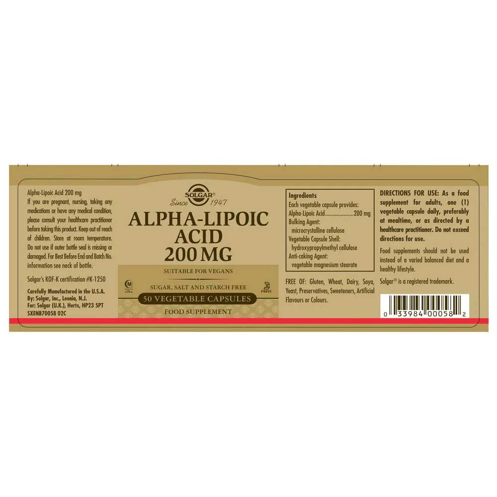 Solgar Alfa-liponsyra 200 Mg 50 Enheter, Golden, One Size Solgar Alfa-liponsyra 200 Mg 50 Enheter, Golden, One Size