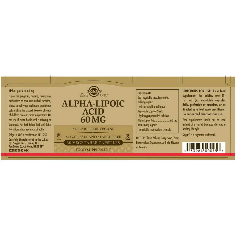 Solgar Alfa-liponsyra 60 Mg 30 Enheter, Brown, One Size