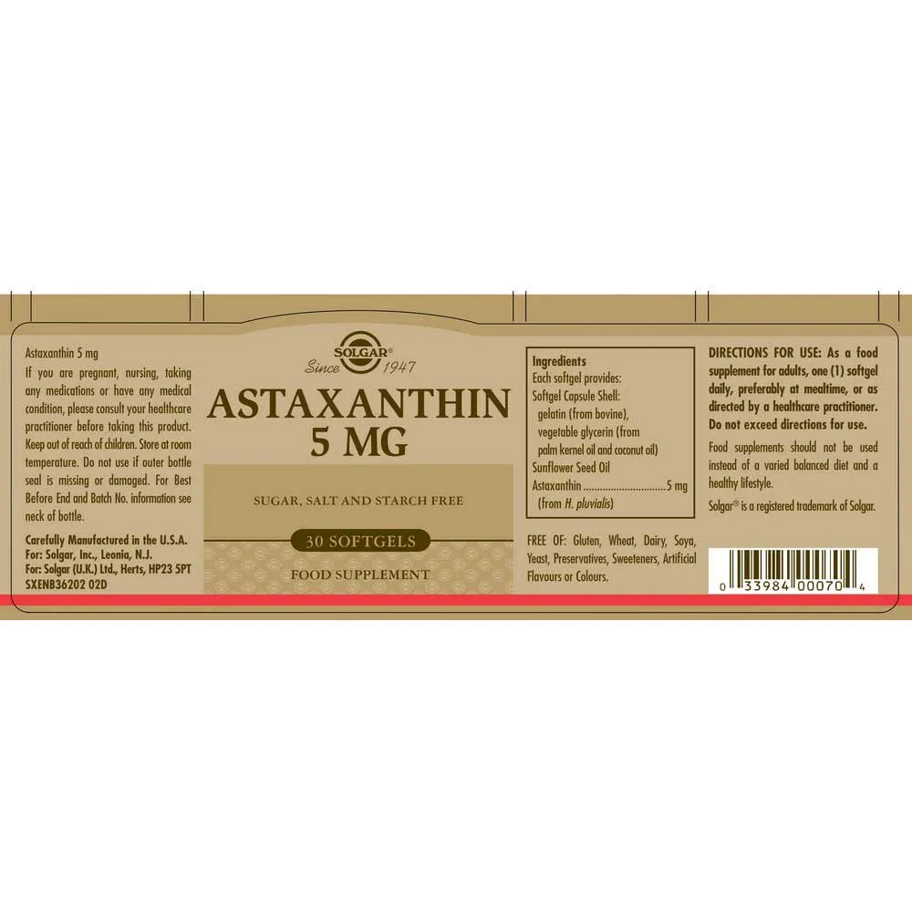 Solgar Astaxantinkomplex 5 Mg 30 Enheter, Black, One Size Solgar Astaxantinkomplex 5 Mg 30 Enheter, Black, One Size