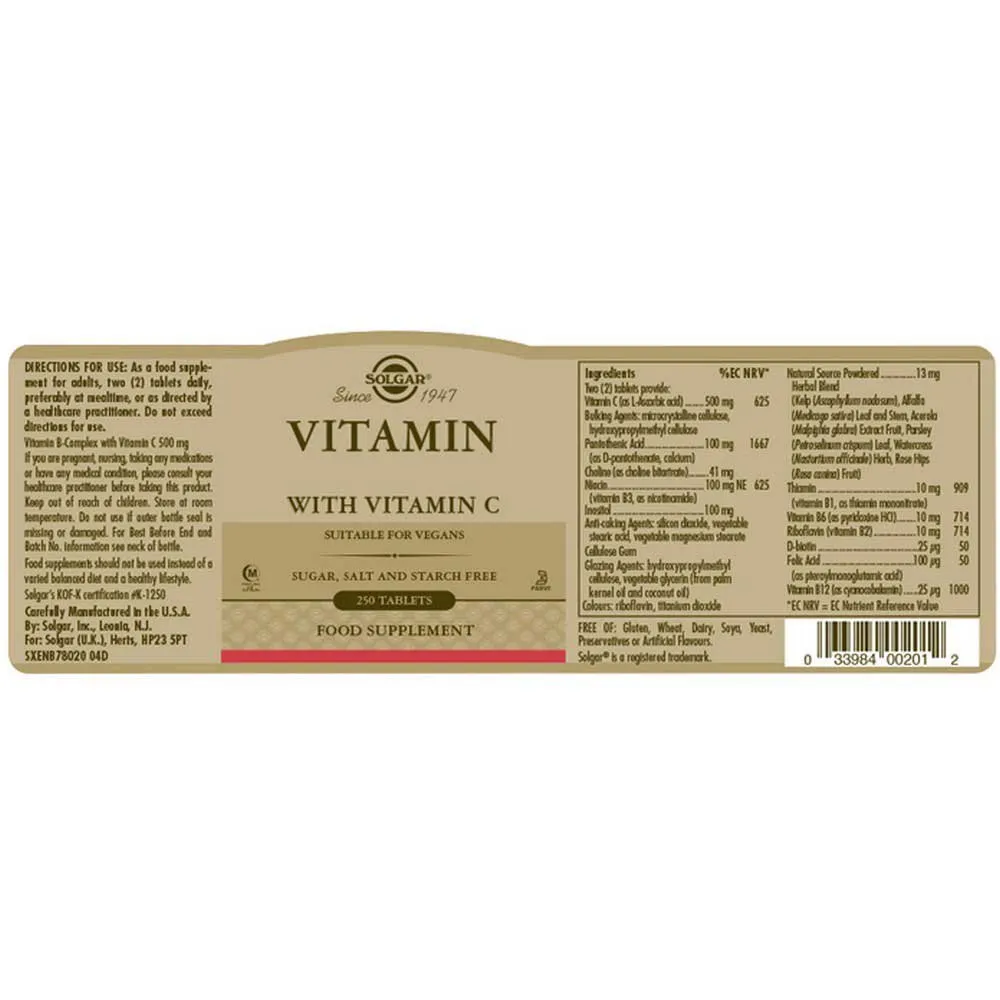 Solgar B-complex With Vitamin C Stress Formula Tabletter 250 Enheter, Brown, One Size