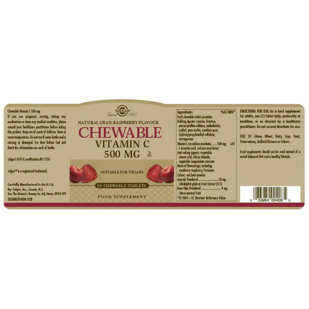 Solgar C-vitamin Vuxna 500 Mg/tranbär Hallon 90 Enheter, Brown, One Size Solgar C-vitamin Vuxna 500 Mg/tranbär Hallon 90 Enheter, Brown, One Size