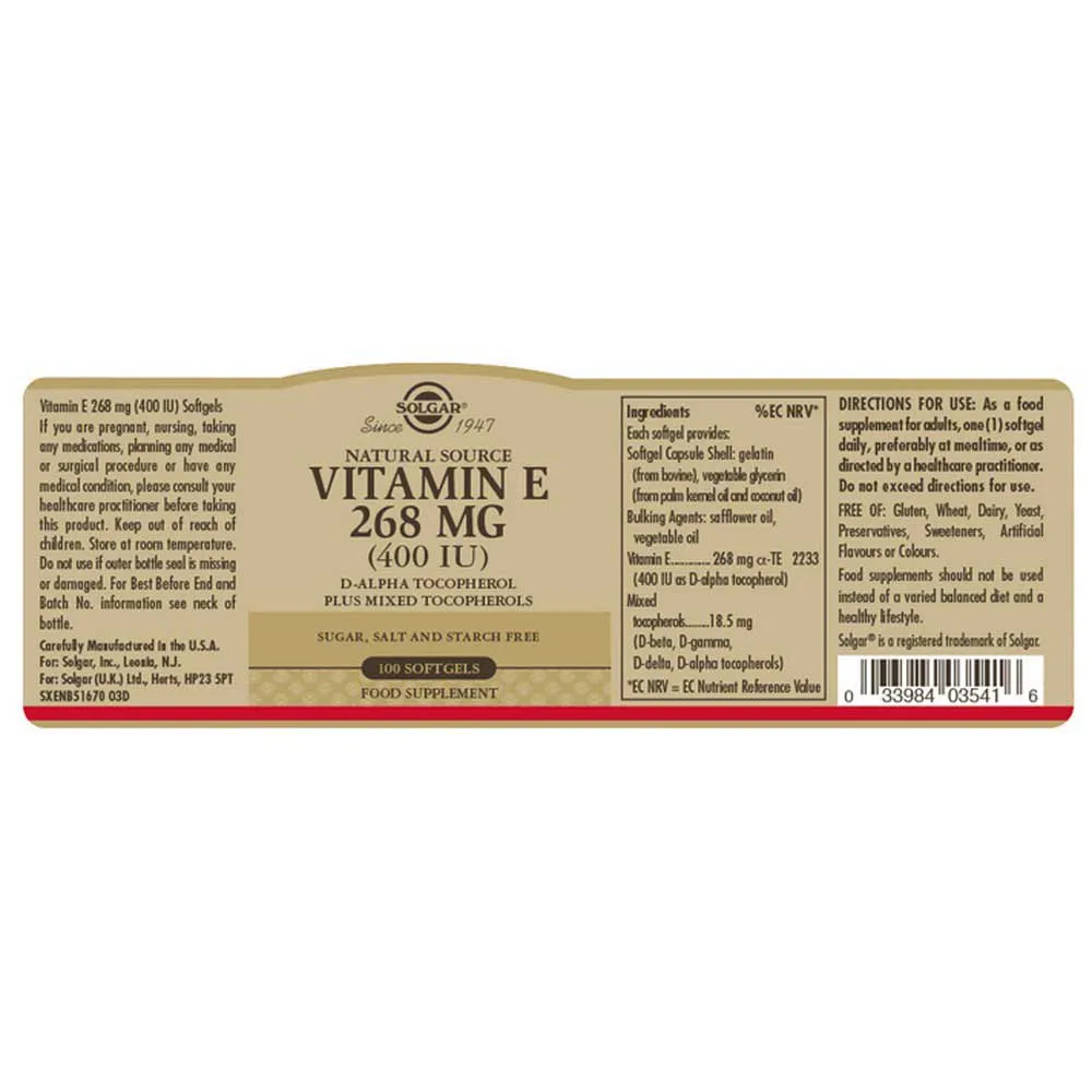 Solgar E-vitamin 400 Ie 268mg 100 Enheter, Brown, One Size Solgar E-vitamin 400 Ie 268mg 100 Enheter, Brown, One Size