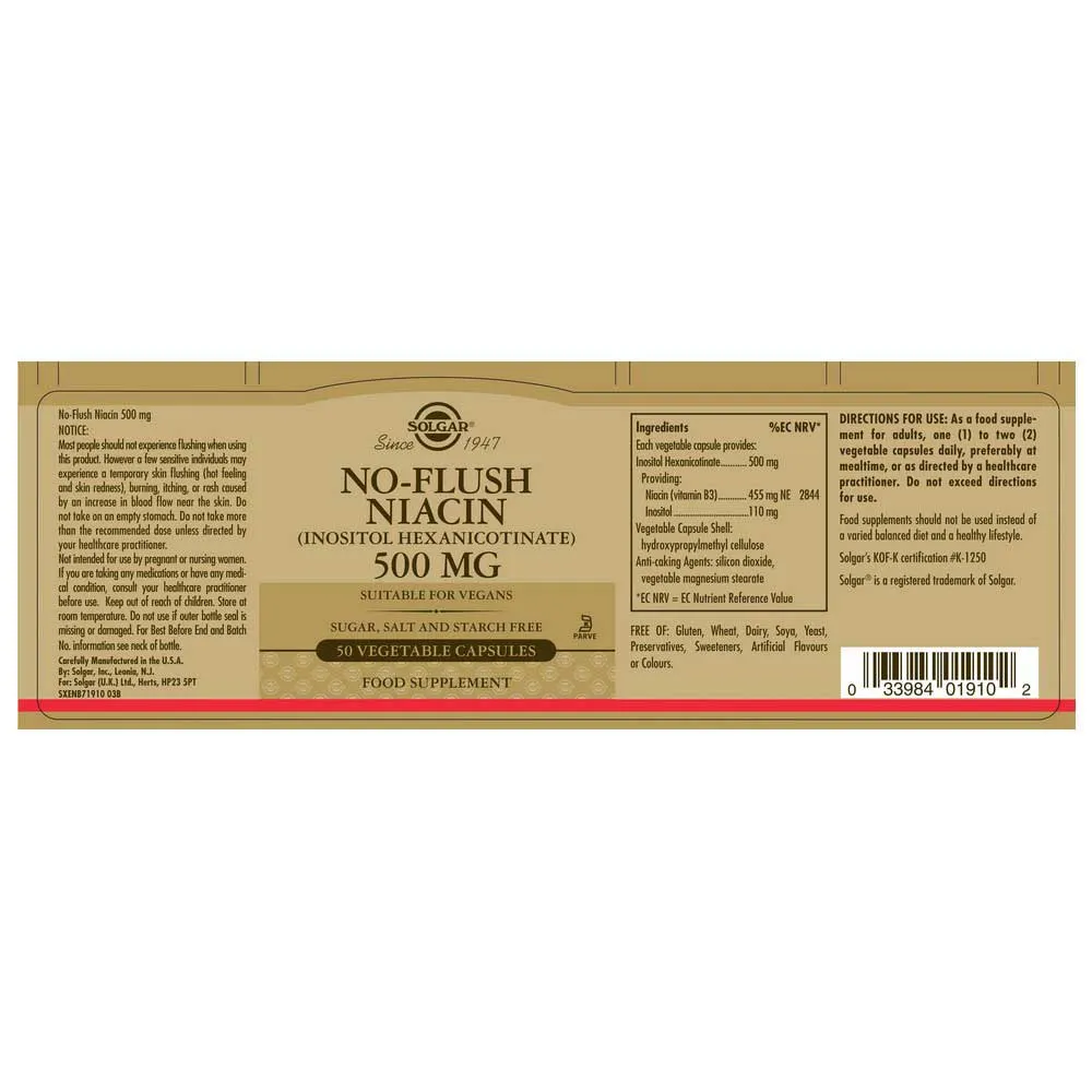Solgar Icke-flushande Niacin 500 Mg 50 Enheter, Brown, One Size