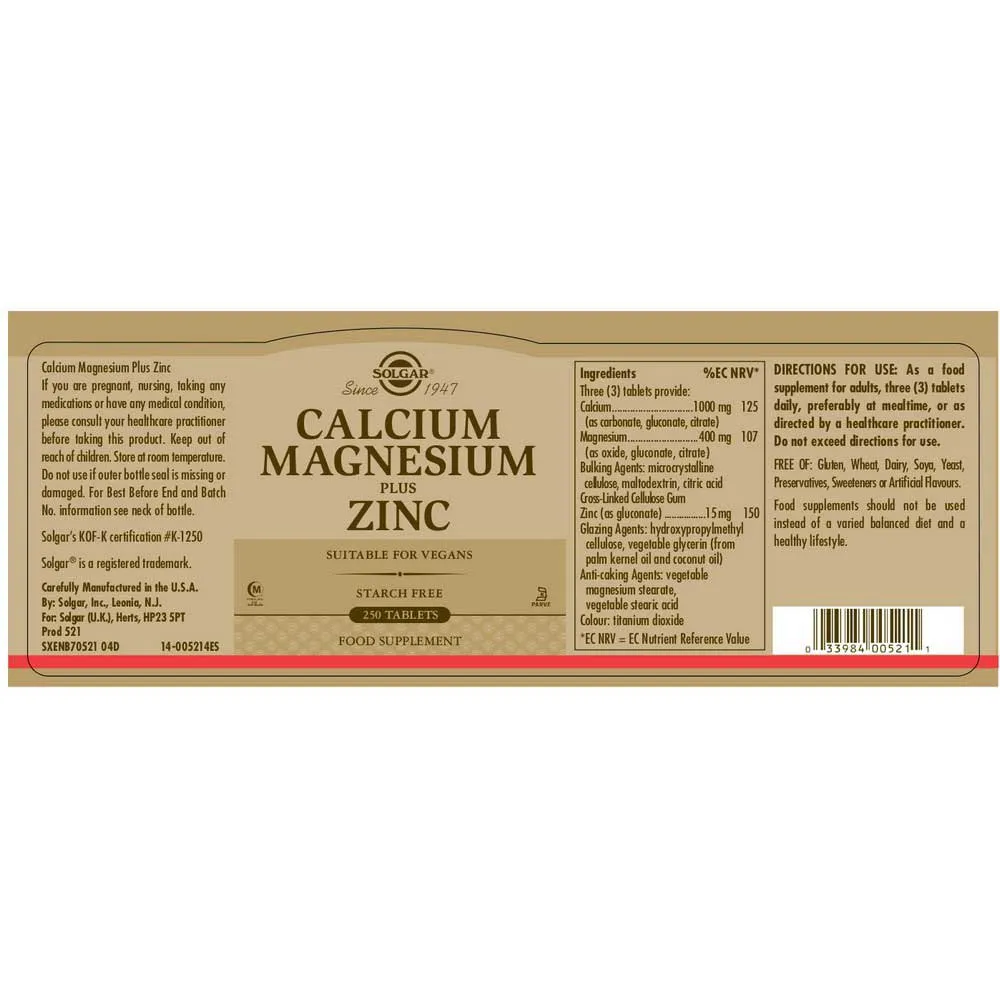 Solgar Kalcium/magnesium/zink 250 Enheter, Brown, One Size