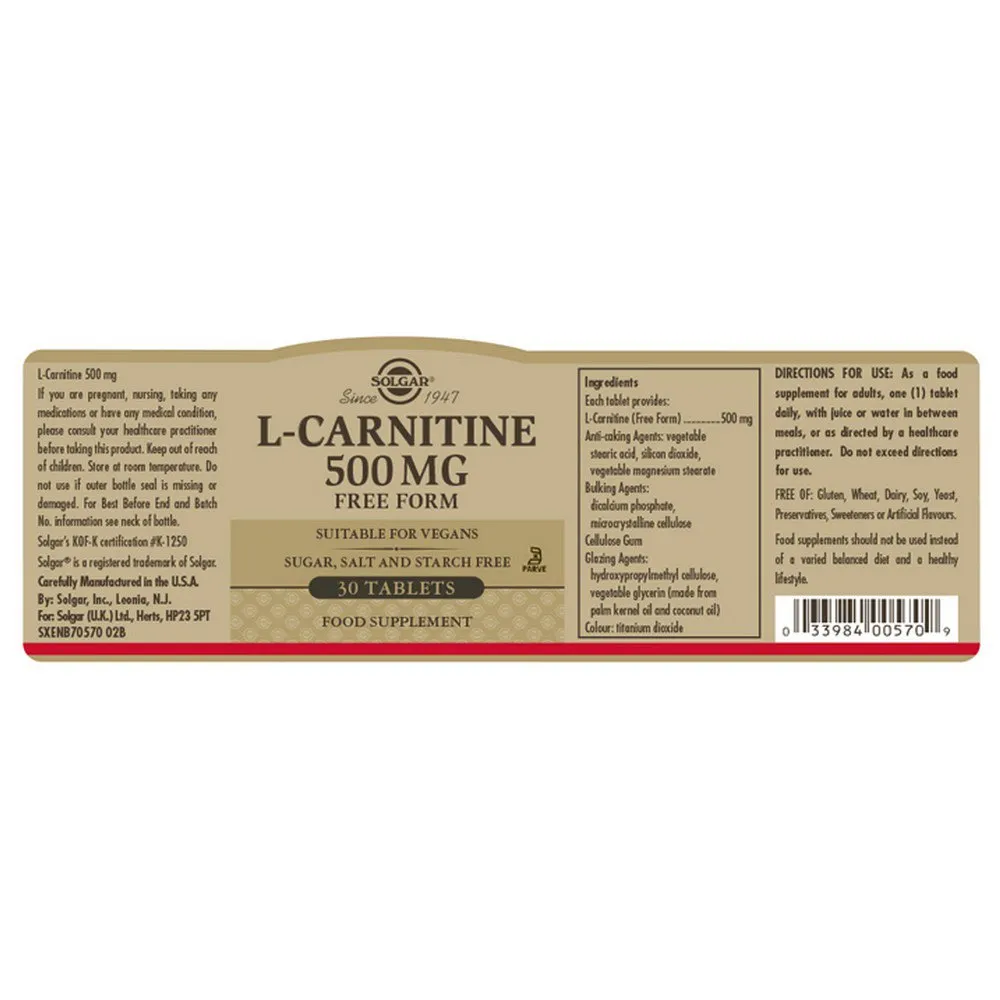 Solgar L-carnitine 500mg Tabletter 30 Enheter, Green, One Size Solgar L-carnitine 500mg Tabletter 30 Enheter, Green, One Size